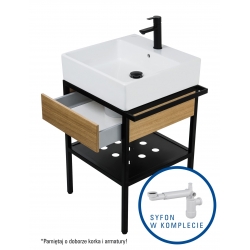 Deante Temisto Umywalka stawiana na blacie + konsola łazienkowa z szufladą 56x40 + syfon space saver CDTD6U4S