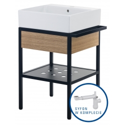 Deante Temisto Umywalka stawiana na blacie + konsola łazienkowa z szufladą 56x40 + syfon space saver CDTD6U4S