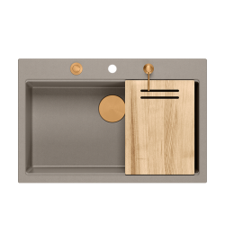 MARC 110 WORKSTATION GraniteQ zlewozmywak 1-komorowy 760*500*220 mm soft taupe + syfon push to open + dozownik + deska + wkładka / elementy miedziane