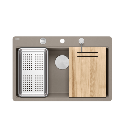 QUADRON | MARC 110 FM PRODUKT NA ZAMÓWIENIE | granitowy zlewozmywak kuchenny SZAROBEŻOWY+ STAL | wymiary: 75 x 49 x 24 cm | akcesoria: syfon, dozownik