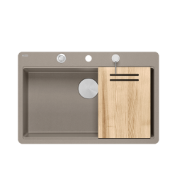 QUADRON | MARC 110 FM PRODUKT NA ZAMÓWIENIE | granitowy zlewozmywak kuchenny SZAROBEŻOWY+ STAL | wymiary: 75 x 49 x 24 cm | akcesoria: syfon, dozownik
