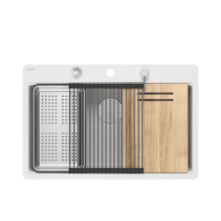 QUADRON | MARC 110 FM PRODUKT NA ZAMÓWIENIE | granitowy zlewozmywak kuchenny BIAŁY + STAL | wymiary: 75 x 49 x 24 cm | akcesoria: syfon, dozownik, des