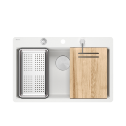 QUADRON | MARC 110 FM PRODUKT NA ZAMÓWIENIE | granitowy zlewozmywak kuchenny BIAŁY + STAL | wymiary: 75 x 49 x 24 cm | akcesoria: syfon, dozownik, des