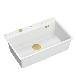 QUADRON | MARC 110 FM PRODUKT NA ZAMÓWIENIE | granitowy zlewozmywak kuchenny BIAŁY + ZŁOTO PVD | wymiary: 75 x 49 x 24 cm | akcesoria: syfon, dozownik