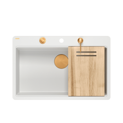 QUADRON | MARC 110 FM PRODUKT NA ZAMÓWIENIE | granitowy zlewozmywak kuchenny BIAŁY + MIEDŹ PVD | wymiary: 75 x 49 x 24 cm | akcesoria: syfon, dozownik