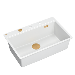QUADRON | MARC 110 FM PRODUKT NA ZAMÓWIENIE | granitowy zlewozmywak kuchenny BIAŁY + MIEDŹ PVD | wymiary: 75 x 49 x 24 cm | akcesoria: syfon, dozownik