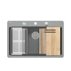 QUADRON | MARC 110 FM PRODUKT NA ZAMÓWIENIE | granitowy zlewozmywak kuchenny SZARY + STAL | wymiary: 75 x 49 x 24 cm | akcesoria: syfon, dozownik, des