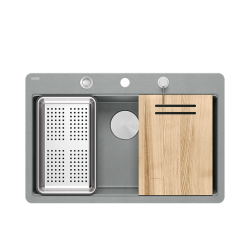 QUADRON | MARC 110 FM PRODUKT NA ZAMÓWIENIE | granitowy zlewozmywak kuchenny SZARY + STAL | wymiary: 75 x 49 x 24 cm | akcesoria: syfon, dozownik, des