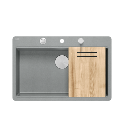 QUADRON | MARC 110 FM PRODUKT NA ZAMÓWIENIE | granitowy zlewozmywak kuchenny SZARY + STAL | wymiary: 75 x 49 x 24 cm | akcesoria: syfon, dozownik, des