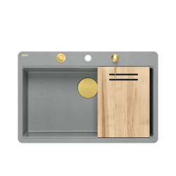 QUADRON | MARC 110 FM PRODUKT NA ZAMÓWIENIE | granitowy zlewozmywak kuchenny SZARY + ZŁOTO PVD | wymiary: 75 x 49 x 24 cm | akcesoria: syfon, dozownik