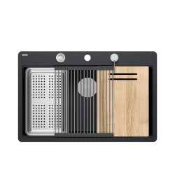 QUADRON | MARC 110 FM PRODUKT NA ZAMÓWIENIE | granitowy zlewozmywak kuchenny CZARNY mat + STAL | wymiary: 75 x 49 x 24 cm | akcesoria: syfon, dozownik