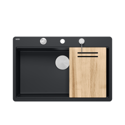 QUADRON | MARC 110 FM PRODUKT NA ZAMÓWIENIE | granitowy zlewozmywak kuchenny CZARNY mat + STAL | wymiary: 75 x 49 x 24 cm | akcesoria: syfon, dozownik