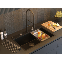 QUADRON | MARC 110 FM PRODUKT NA ZAMÓWIENIE | granitowy zlewozmywak kuchenny CZARNY mat + STAL | wymiary: 75 x 49 x 24 cm | akcesoria: syfon, dozownik