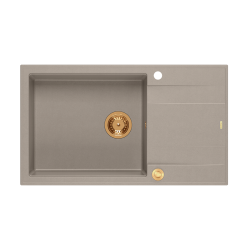 QUADRON EVAN 136 XL GraniteQ zlewozmywak z syfonem Push To Open 1-komorowy z/o (860x500x210; kom. 420x490) soft taupe / elementy miedziane