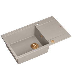 QUADRON EVAN 136 XL GraniteQ zlewozmywak z syfonem Push To Open 1-komorowy z/o (860x500x210; kom. 420x490) soft taupe / elementy miedziane