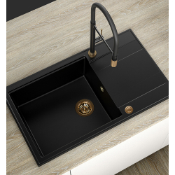 QUADRON EVAN 136 XL GraniteQ zlewozmywak z syfonem Push To Open 1-komorowy z/o (860x500x210; kom. 420x490) soft taupe / elementy miedziane