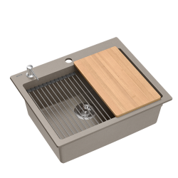 Quadron | KURT 110 | kuchenny zlewozmywak granitowy SOFT TAUPE | wymiary: 59,5 x 50 x 21,5 cm | akcesoria: syfon, dozownik, deska, Qmata, wkładka ocie
