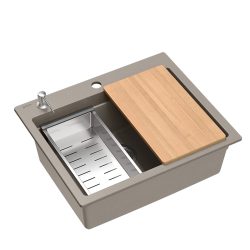 Quadron | KURT 110 | kuchenny zlewozmywak granitowy SOFT TAUPE | wymiary: 59,5 x 50 x 21,5 cm | akcesoria: syfon, dozownik, deska, Qmata, wkładka ocie