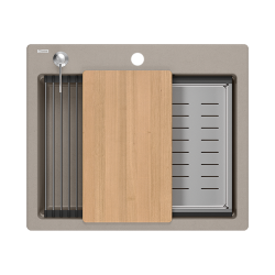 Quadron | KURT 110 | kuchenny zlewozmywak granitowy SOFT TAUPE | wymiary: 59,5 x 50 x 21,5 cm | akcesoria: syfon, dozownik, deska, Qmata, wkładka ocie