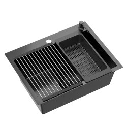 QUADRON LUKE 110 WORKSTATION zlewozmywak black metal (58x45x20) z syfonem 1-komorowy b/o + Qmata + Wkładka + Dozownik + Deska + bateria z elastyczną w