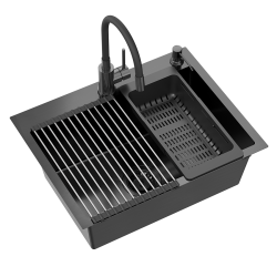 QUADRON LUKE 110 WORKSTATION zlewozmywak black metal (58x45x20) z syfonem 1-komorowy b/o + Qmata + Wkładka + Dozownik + Deska + bateria z elastyczną w