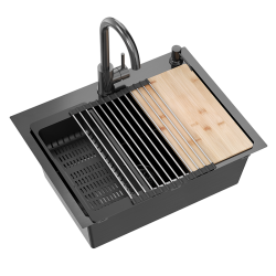 QUADRON LUKE 110 WORKSTATION zlewozmywak black metal (58x45x20) z syfonem 1-komorowy b/o + Qmata + Wkładka + Dozownik + Deska + bateria ze stałą wylew