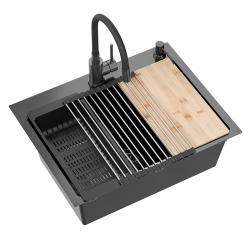 QUADRON LUKE 110 WORKSTATION zlewozmywak black metal (58x45x20) z syfonem 1-komorowy b/o + Qmata + Wkładka + Dozownik + Deska + bateria z elastyczną w