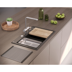 MARC 120 WORKSTATION GraniteQ zlewozmywak 2-komorowy 760*500*235 mm black diamond + syfon push to open + dozownik + deska + wkładka / elementy złote