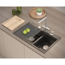 MARC 120 WORKSTATION GraniteQ zlewozmywak 2-komorowy 760*500*235 mm black diamond + syfon push to open + dozownik + deska + wkładka / elementy złote