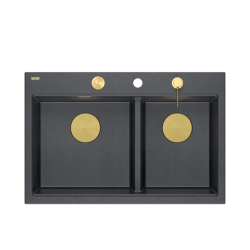 MARC 120 WORKSTATION GraniteQ zlewozmywak 2-komorowy 760*500*235 mm black diamond + syfon push to open + dozownik + deska + wkładka / elementy złote