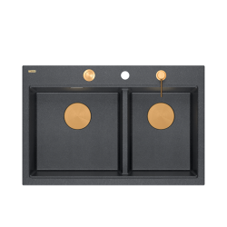 MARC 120 WORKSTATION GraniteQ zlewozmywak 2-komorowy 760*500*235 mm black diamond + syfon push to open + dozownik + deska + wkładka / elementy miedzia