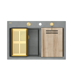 MARC 120 WORKSTATION GraniteQ zlewozmywak 2-komorowy 760*500*235 mm silver stone + syfon push to open + dozownik + deska + wkładka / elementy złote
