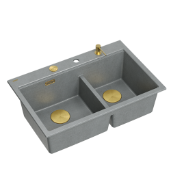 MARC 120 WORKSTATION GraniteQ zlewozmywak 2-komorowy 760*500*235 mm silver stone + syfon push to open + dozownik + deska + wkładka / elementy złote