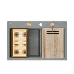 MARC 120 WORKSTATION GraniteQ zlewozmywak 2-komorowy 760*500*235 mm silver stone + syfon push to open + dozownik + deska + wkładka / elementy miedzian