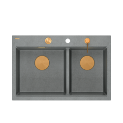 MARC 120 WORKSTATION GraniteQ zlewozmywak 2-komorowy 760*500*235 mm silver stone + syfon push to open + dozownik + deska + wkładka / elementy miedzian