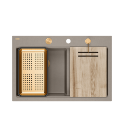 MARC 120 WORKSTATION GraniteQ zlewozmywak 2-komorowy 760*500*235 mm soft taupe + syfon push to open + dozownik + deska + wkładka / elementy miedziane