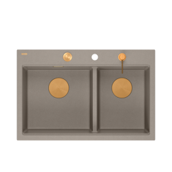 MARC 120 WORKSTATION GraniteQ zlewozmywak 2-komorowy 760*500*235 mm soft taupe + syfon push to open + dozownik + deska + wkładka / elementy miedziane