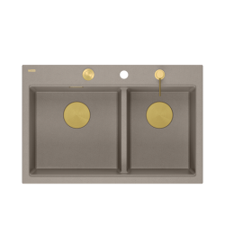 MARC 120 WORKSTATION GraniteQ zlewozmywak 2-komorowy 760*500*235 mm soft taupe + syfon push to open + dozownik + deska + wkładka / elementy złote