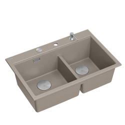 MARC 120 WORKSTATION GraniteQ zlewozmywak 2-komorowy 760*500*235 mm soft taupe + syfon push to open + dozownik stal szcz.+ wkładka ociekowa+ Qmata +de