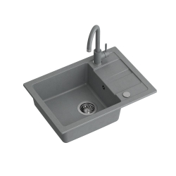 GO- SMART SZARY zlewozmywak granitowy 1-k z/o (62x44x17,5) + bateria w kolorze + syfon manualny z zaślepką