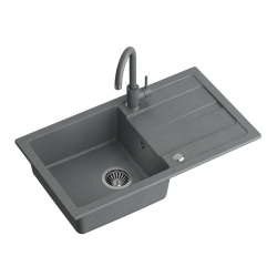 GO- MAX SZARY zlewozmywak granitowy 1-k z/o (77x44x17,5) + bateria w kolorze + syfon manualny z zaślepką