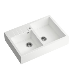 Quadron | BILL 120 | granitowy zlewozmywak kuchenny BIAŁY + STAL | wymiary: 90 x 62 x 20,5 cm | 2-komorowy nakładany na szafkę | podbudowa szafki: od