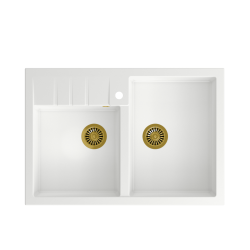 Quadron | BILL 120 | granitowy zlewozmywak kuchenny BIAŁY + ZŁOTO PVD | wymiary: 90 x 62 x 20,5 cm | 2-komorowy nakładany na szafkę | podbudowa szafki