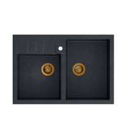 Quadron | BILL 120 | granitowy zlewozmywak kuchenny CZARNY METALIK + MIEDŹ PVD | wymiary: 90 x 62 x 20,5 cm | 2-komorowy nakładany na szafkę | podbudo