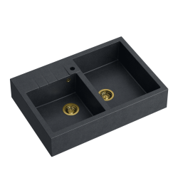Quadron | BILL 120 | granitowy zlewozmywak kuchenny CZARNY METALIK + ZŁOTO PVD | wymiary: 90 x 62 x 20,5 cm | 2-komorowy nakładany na szafkę | podbudo