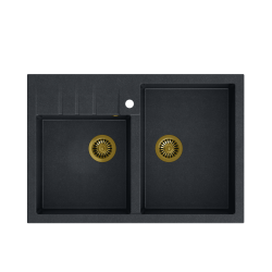 Quadron | BILL 120 | granitowy zlewozmywak kuchenny CZARNY METALIK + ZŁOTO PVD | wymiary: 90 x 62 x 20,5 cm | 2-komorowy nakładany na szafkę | podbudo