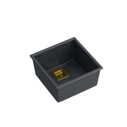 QUADRON DAVID 40 GraniteQ zlewozmywak black diamond 42x42x22,5 cm 1-komorowy b/o komora podwieszana kwadratowy odpływ + syfon manualny złoty save spac