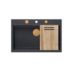 MARC 110 WORKSTATION GraniteQ zlewozmywak 1-komorowy 760*500*220 mm black diamond + syfon push to open + dozownik + deska + wkładka / elementy miedzia