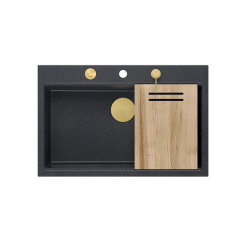 MARC 110 WORKSTATION GraniteQ zlewozmywak 1-komorowy 760*500*220 mm black diamond + syfon push to open + dozownik + deska + deska / elementy złote