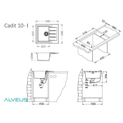 CADIT 10 kol. 81 BETON (590x500) zlew Granital 1 kom. z syfonem POP-UP 3 1/2